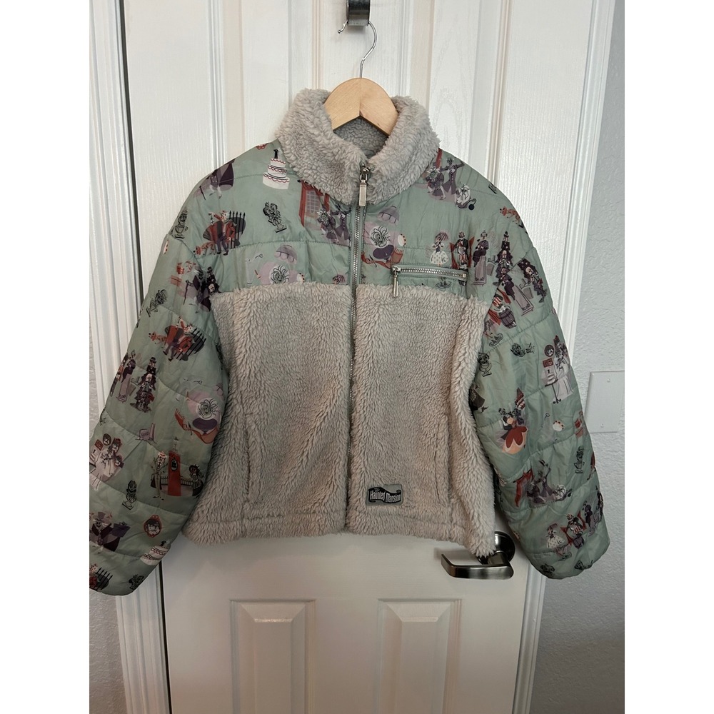 Disney Haunted Mansion Puffer Sherpa Fleece Jacket Sage Green Grey Womens Small
